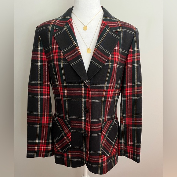 Pendleton Plaid Wool Blazer Winter Red Green Blue Black Vintage Holiday Size 16 - Picture 1 of 12